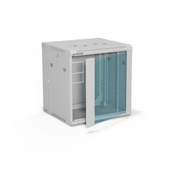 ALANTEC 19 inch sienas skapis 12U 600x600mm, divu sekciju, vienas stikla durvis, pilnībā noņemami sānu paneļi ar slēdzeni, 4 montāžas sliedes, pelēks, plakanā iepakojumā