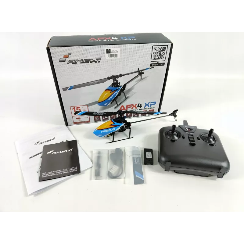Amewi AFX4 XP tālvadības helikopters RTF 2.4GHz 6 kanālu ar 6 asu žiroskopu, bezsuku galveno motoru, augstuma noturēšanu, LiPo 7.4V 700mAh, zils/melns
