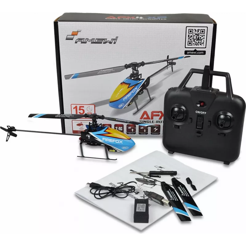 Amewi AFX4 XP tālvadības helikopters RTF 2.4GHz 6 kanālu ar 6 asu žiroskopu, bezsuku galveno motoru, augstuma noturēšanu, LiPo 7.4V 700mAh, zils/melns