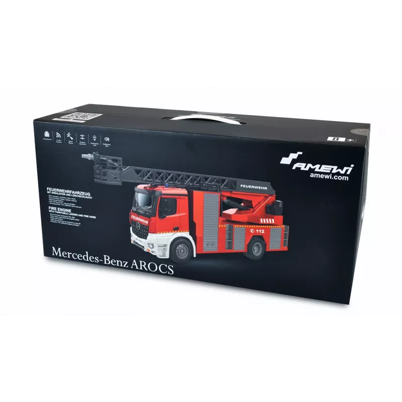 Amewi Mercedes-Benz ugunsdzēsēju mašīna ar paceļamo kāpņu torni 1:18 RTR 2.4GHz ar ūdens smidzinātāju