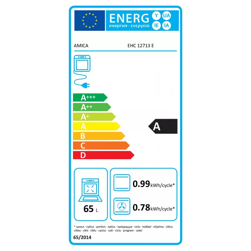 Amica EHC12713E Iebūvējamā cepeškrāsns komplekts ar keramikas plīti, 65 litri, 8 funkcijas, energoklase A, nerūsējošais tērauds
