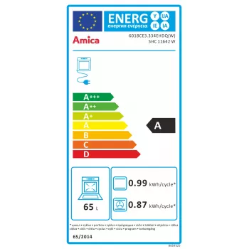 Amica SHC11642W Brīvi stāvoša elektriskā plīts ar keramikas virmu un 65L cepeškrāsni, 9 sildīšanas funkcijas, energoefektivitātes klase A, balta