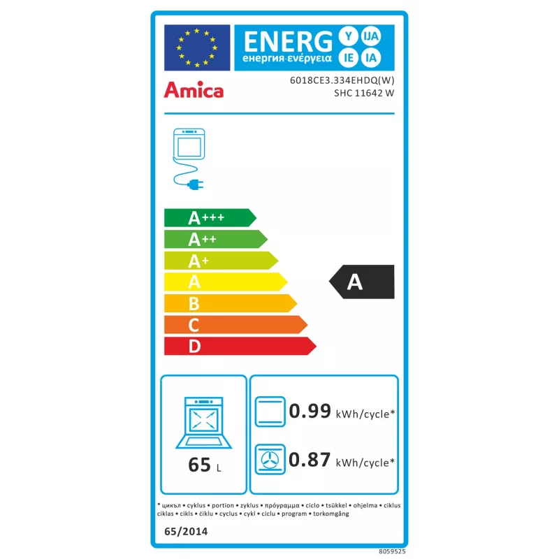 Amica SHC11642W Brīvi stāvoša elektriskā plīts ar keramikas virmu un 65L cepeškrāsni, 9 sildīšanas funkcijas, energoefektivitātes klase A, balta