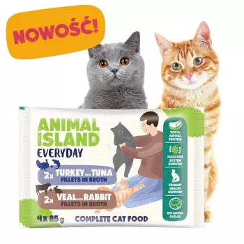 ANIMAL ISLAND Teļa / Truša un tītara / Tunciņas buljonā mitrā kaķu barība, 4 x 85 g paciņas, bez graudiem, pieaugušiem kaķiem