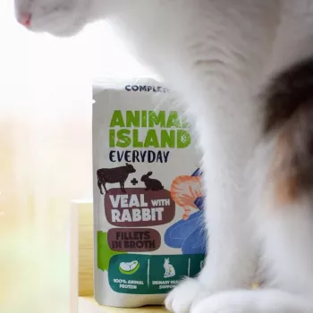 ANIMAL ISLAND Teļa / Truša un tītara / Tunciņas buljonā mitrā kaķu barība, 4 x 85 g paciņas, bez graudiem, pieaugušiem kaķiem