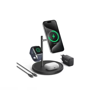 Anker MagGo B25M3312 Qi2 uzlādes stacija 3 vienā, 15 W telefonam, melna
