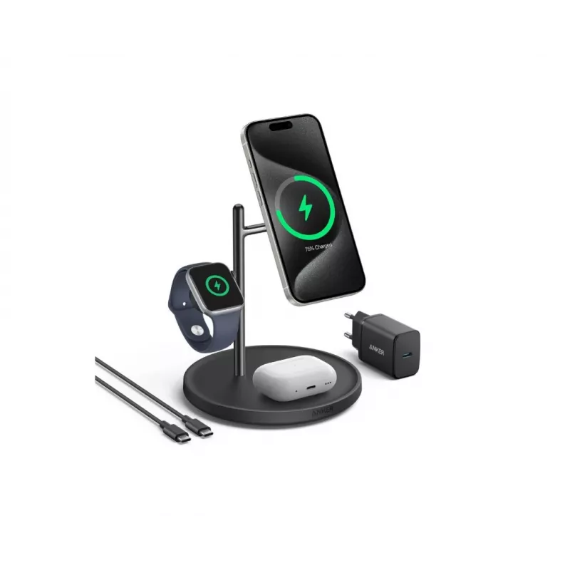 Anker MagGo B25M3312 Qi2 uzlādes stacija 3 vienā, 15 W telefonam, melna