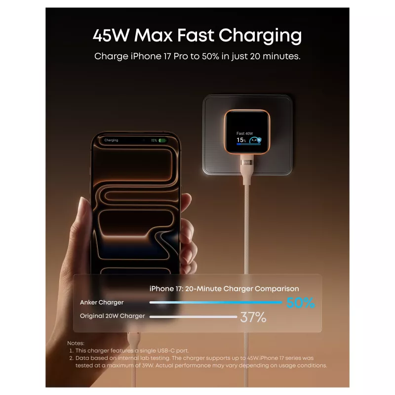 Anker Nano Charger 45W GaN USB-C Lādētājs ar ActiveShield 5.0, Skārienjutīgu Sensoru, SmartDisplay, iPhone Atpazīšanu, Oranžs