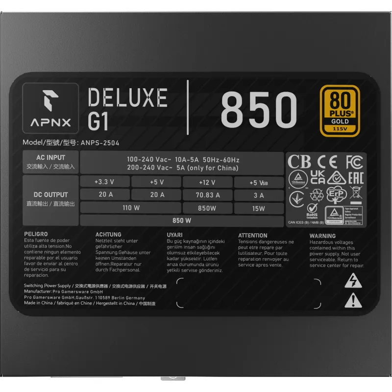APNX DELUXE G1 850 850W 80 PLUS Gold Fully Modular ATX Barošanas bloks Melns