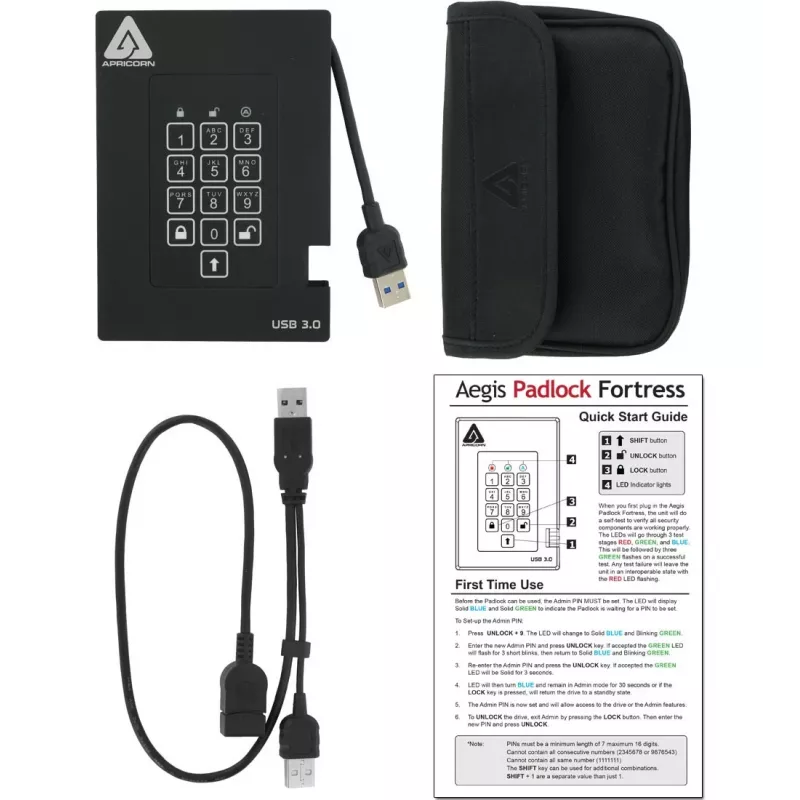 Apricorn Aegis Padlock Fortress A25-3PL256-500F ārējais cietais disks - 500GB - USB 3.2 Gen 1 - AES 256 bitu aparatūras šifrēšana - Melns