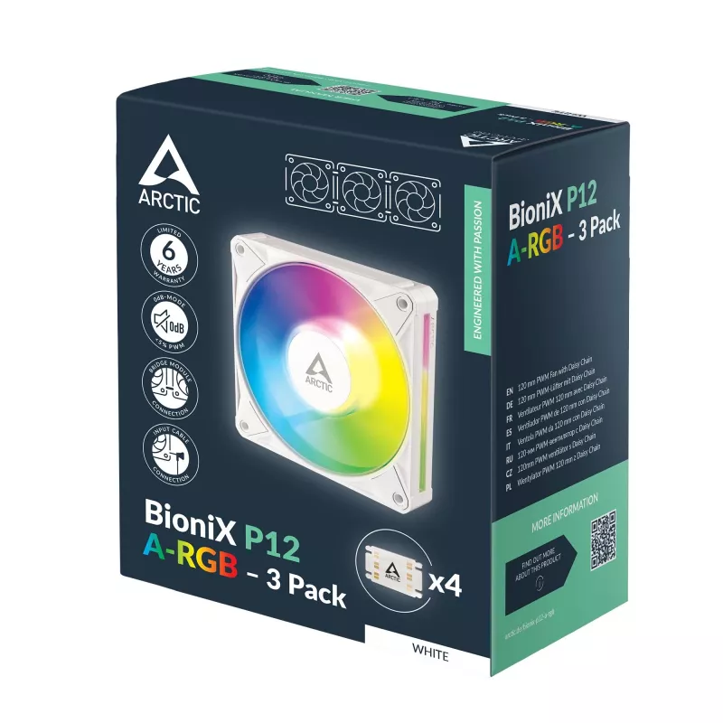 Arctic BioniX P12 A-RGB White 3-Pack – 120mm PWM korpusa ventilators ar adresējamu RGB un Daisy Chain, 450-3000 RPM