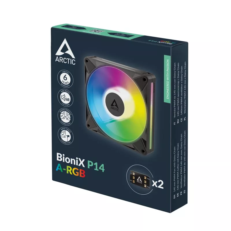 Arctic BioniX P14 A-RGB 140mm PWM korpusa ventilators ar Daisy Chain, 400-2500 RPM, 186 m³/h, melns