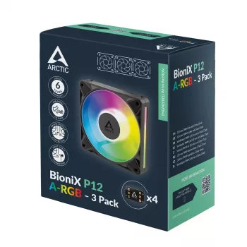 Arctic BioniX P14 A-RGB 140mm PWM Fan 3-Pack - Melns - Adresējams RGB, 2500 RPM, 186 m³/h