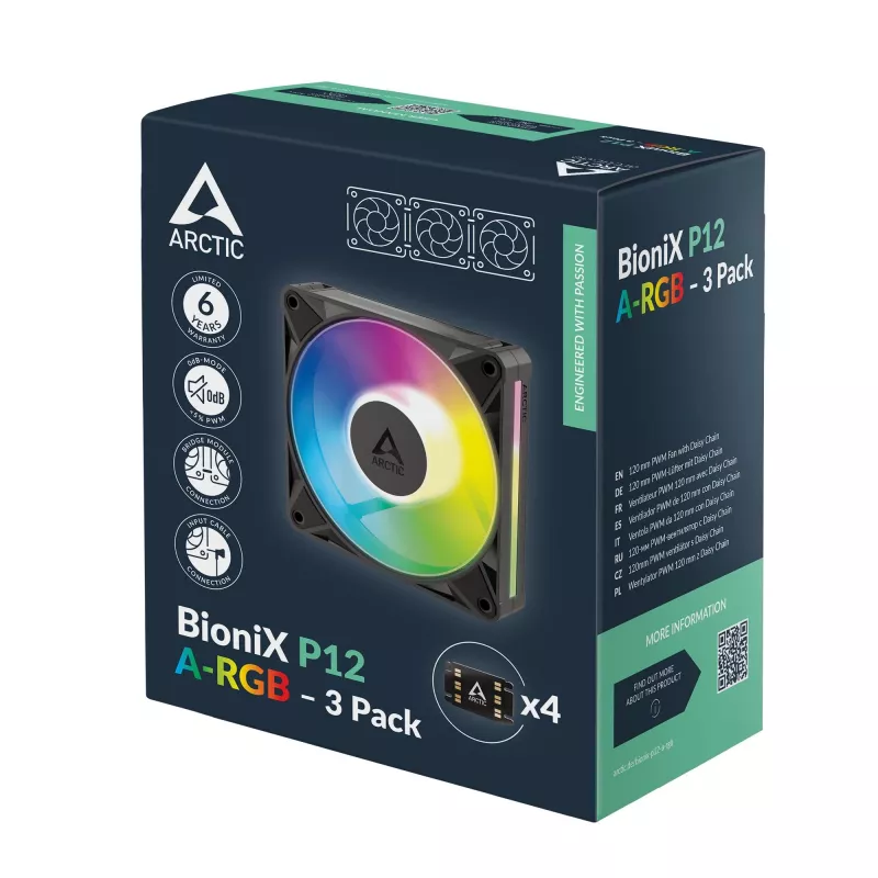 Arctic BioniX P14 A-RGB 140mm PWM Fan 3-Pack - Melns - Adresējams RGB, 2500 RPM, 186 m³/h
