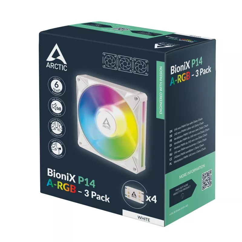 Arctic BioniX P14 A-RGB (balts) 3-pack | 140 mm PWM korpusa ventilators ar A-RGB apgaismojumu, 400–2500 RPM