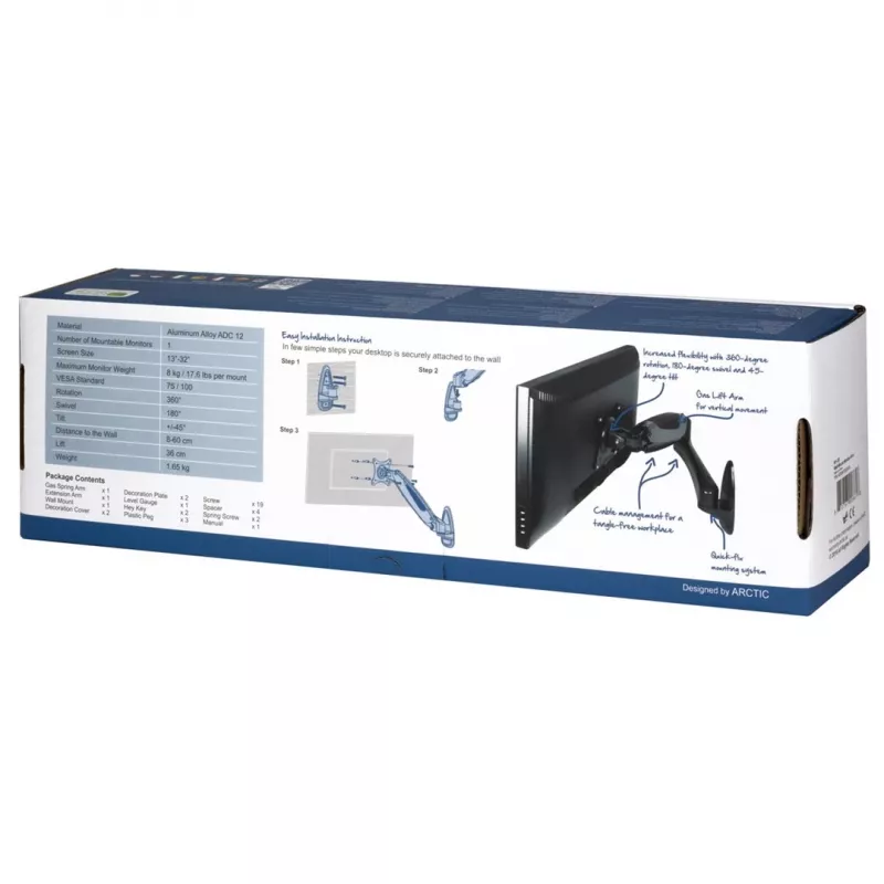 Arctic W1-3D stiprinājums LCD displejam - alumīnija sakausējums - ekrāna izmērs līdz 109.2 / 124 cm