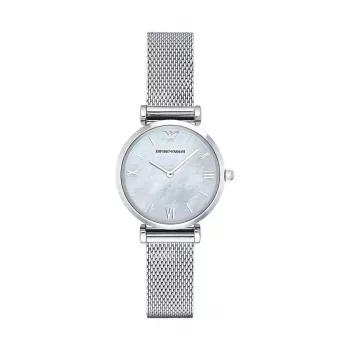 Armani AR1955 Sieviešu kvarca pulkstenis 32mm nerūsējošā tērauda korpuss balts ciparnīca brūna ādas siksniņa