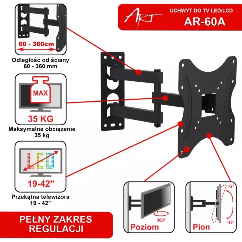 ART AR-60A pilnas kustības TV sienas stiprinājums 19-42 collu LED/LCD ekrāniem, 35 kg, melns