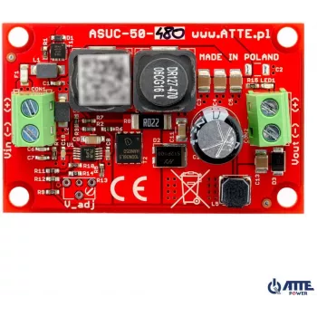 ATTE ASUC-50-480-OF Industrialais DC/DC pārveidotājs, 48V ieeja, 12V 4A izeja, DIN sliedes stiprinājums