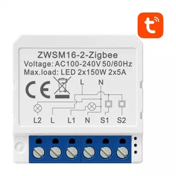 AVATTO ZWSM16-W2 ZigBee viedā slēdža modulis 2 grupu, Tuya Smart Life, Alexa un Google Home (nepieciešams neitrālais vads)
