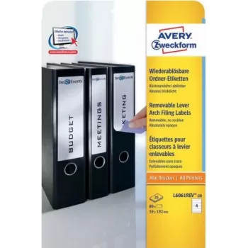 Avery Zweckform L6061REV-20 Necaurspīdīgas mapju etiķetes, baltas, 59 x 192 mm, 80 etiķetes (20 loksnes x 4)