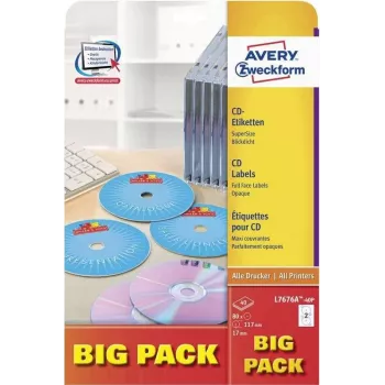 Avery Zweckform L7676A-40P CD/DVD uzlīmes, Ø 117 mm, baltas, 40 loksnes / 80 uzlīmes, A4, tintes un lāzerprinteriem