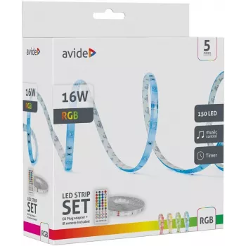 Avide LED Strip Blister 12V 16W RGB 5m ar IR tālvadības pulti
