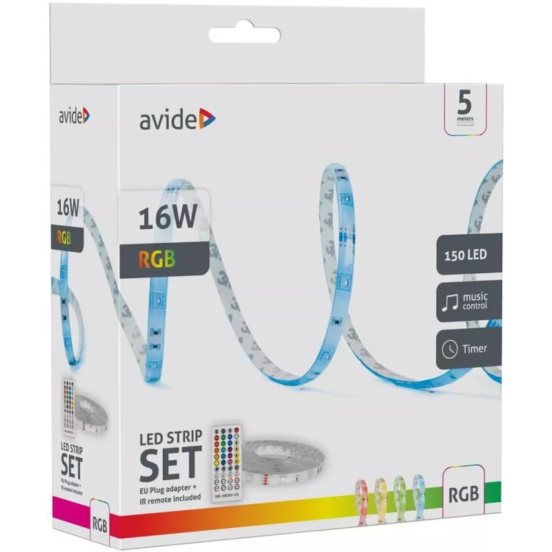 Avide LED Strip Blister 12V 16W RGB 5m ar IR tālvadības pulti