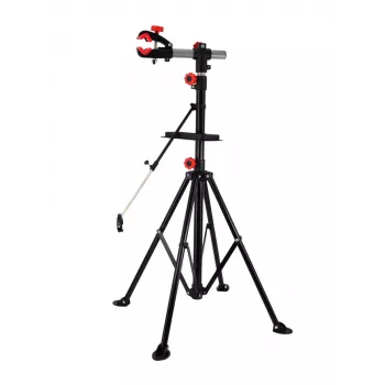 AWTOOLS 30kg velosipēdu remonta statīvs ar 360° rotējošu skavu, salokāms trijkājis, instrumentu paplāte, augstums regulējams 107-190cm, melns/sarkans
