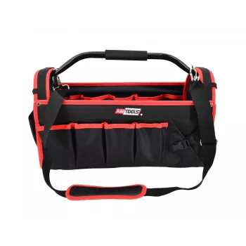 AWTOOLS AW30661 Instrumentu uzglabāšanas kaste, 480 x 250 x 250 mm, augstas triecienizturības polipropilēns, melna ar sarkaniem akcentiem, metāla aizdare, atslēgas cilpa, salokāms rokturis, 2 vāka organizatori
