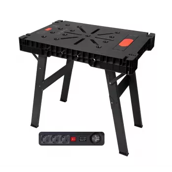 AWTOOLS Saliekams Darbnīcas Galds ar Strāvas Sloksni, Ātra Montāža, 1000x600x750 mm, 150 kg Ietilpība, Melns Rāmis, Dabīgs Koka Galda Virsma