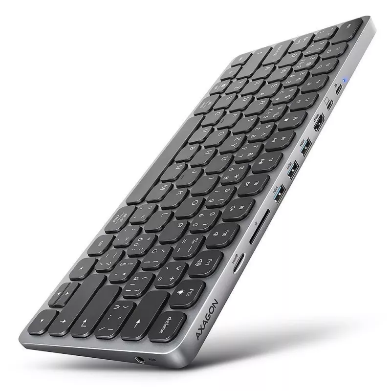 AXAGON HMC-KB-US USB-C tastatūra ar 9-in-1 centrmezglu, US QWERTY, 4K HDMI, Gigabit LAN, karšu lasītājs, 0,6 m