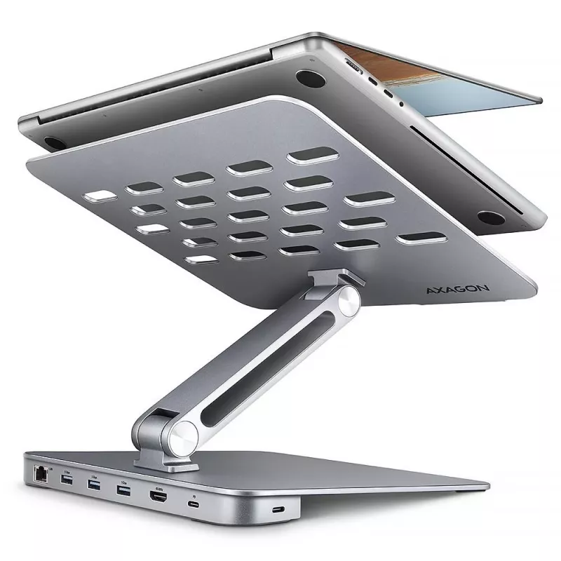 AXAGON HMC-STND Notebook Statīvs 10-16 collām ar 7-in-1 USB-C centrmezglu, 4K HDMI, 100W PD, Gigabit Ethernet, SD karšu lasītāju – Sudraba
