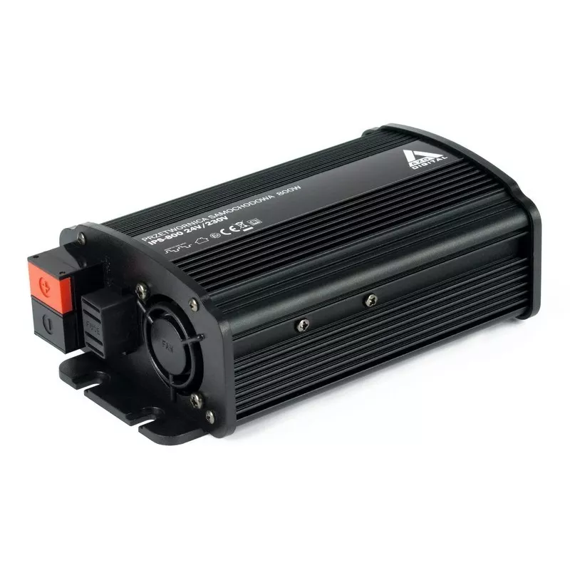 AZO Digital IPS-800U 800W 24V DC uz 230V AC modificēta sinusoidāla viļņa invertors ar USB, Schuko kontaktligzdu, akumulatora skavām