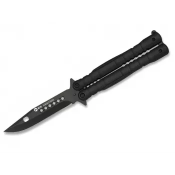 Balisong tauriņa nazis K25 02131 melns 440 nerūsējošā tērauda clip point asmens alumīnija rokturis