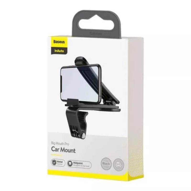 Baseus Big Mouth Pro Auto Turētājs - Montāžai uz paneļa un vējstikla, 360° rotācija, izvelkama roka, melns