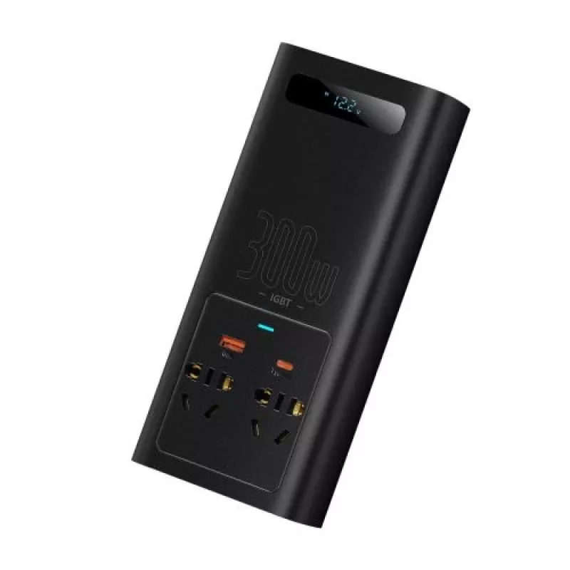 Baseus Car Power Inverter IGBT 300W/220V ar Divām EU Ligzdām, USB-C PD, USB-A QC, Akumulatora Skavām un Piesmēķētāja Kabeļiem, Melns (CGNB010101)