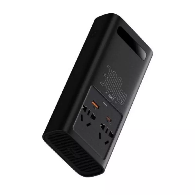 Baseus Car Power Inverter IGBT 300W/220V ar Divām EU Ligzdām, USB-C PD, USB-A QC, Akumulatora Skavām un Piesmēķētāja Kabeļiem, Melns (CGNB010101)