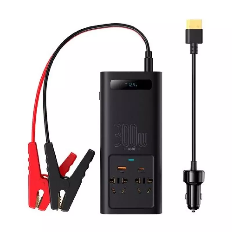 Baseus Car Power Inverter IGBT 300W/220V ar Divām EU Ligzdām, USB-C PD, USB-A QC, Akumulatora Skavām un Piesmēķētāja Kabeļiem, Melns (CGNB010101)