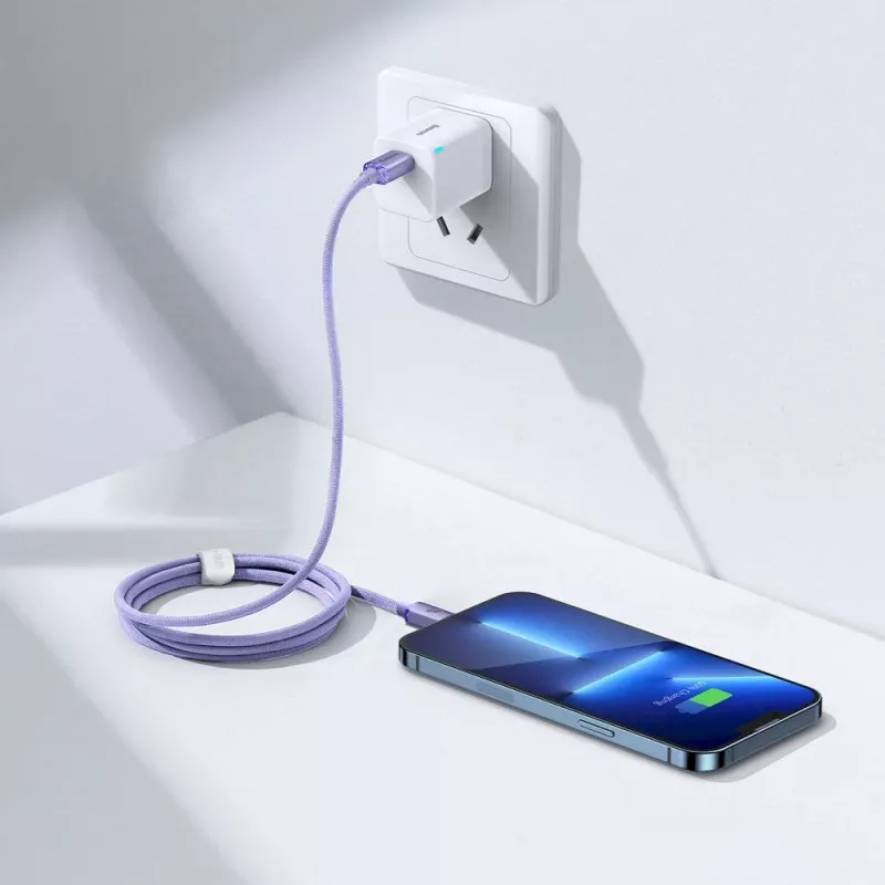 Baseus Crystal Shine Series USB-C uz Lightning ātrās uzlādes datu kabelis 20W 1.2m violets (CAJY000205)
