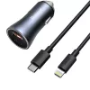Baseus Golden Contactor Pro Dual Quick Car Charger 40W USB-C + USB-A PD 3.0 QC 4+ SCP FCP AFC ar Type-C uz Lightning kabeli 1m Melns Tumši Pelēks