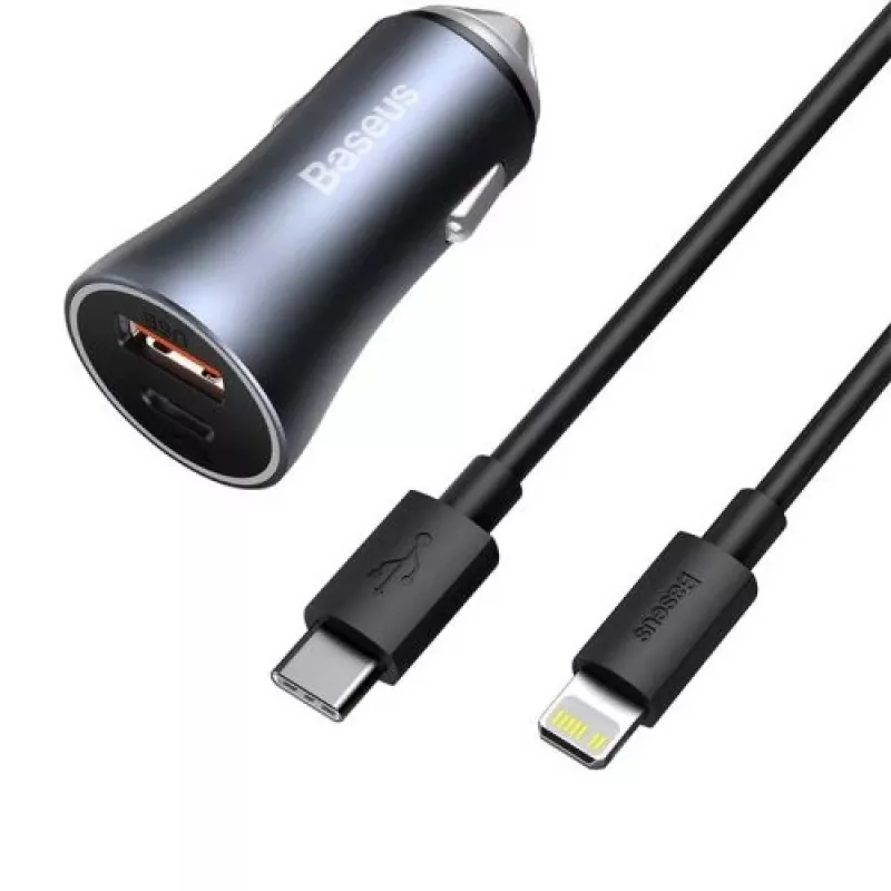 Baseus Golden Contactor Pro Dual Quick Car Charger 40W USB-C + USB-A PD 3.0 QC 4+ SCP FCP AFC ar Type-C uz Lightning kabeli 1m Melns Tumši Pelēks