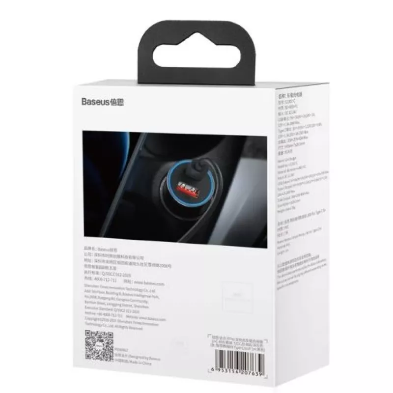 Baseus Golden Contactor Pro Dual Quick Car Charger 40W USB-C + USB-A PD 3.0 QC 4+ SCP FCP AFC ar Type-C uz Lightning kabeli 1m Melns Tumši Pelēks
