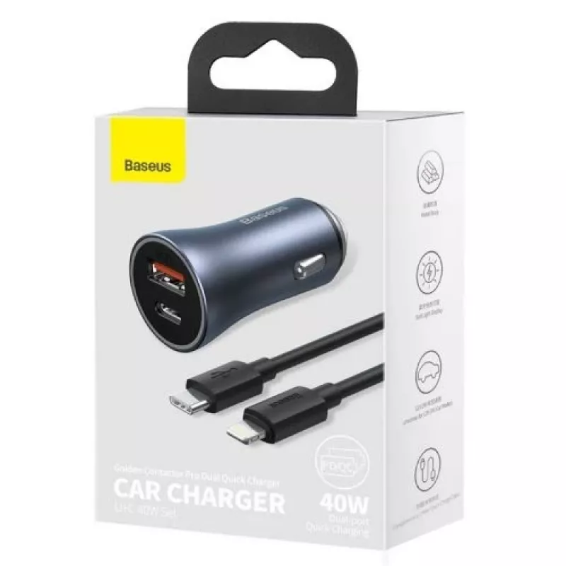 Baseus Golden Contactor Pro Dual Quick Car Charger 40W USB-C + USB-A PD 3.0 QC 4+ SCP FCP AFC ar Type-C uz Lightning kabeli 1m Melns Tumši Pelēks