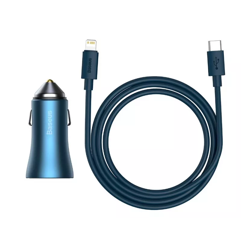 Baseus Golden Contactor Pro Dual Quick Car Charger 40W ar USB-C uz Lightning kabeli 1m Zils