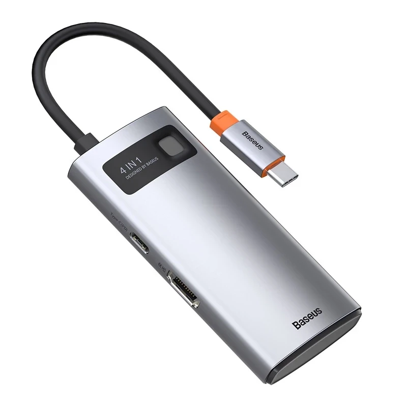Baseus Metal Gleam Series 4-in-1 USB-C Hub, USB 3.0 + USB 2.0 + HDMI + USB-C PD, Sudraba