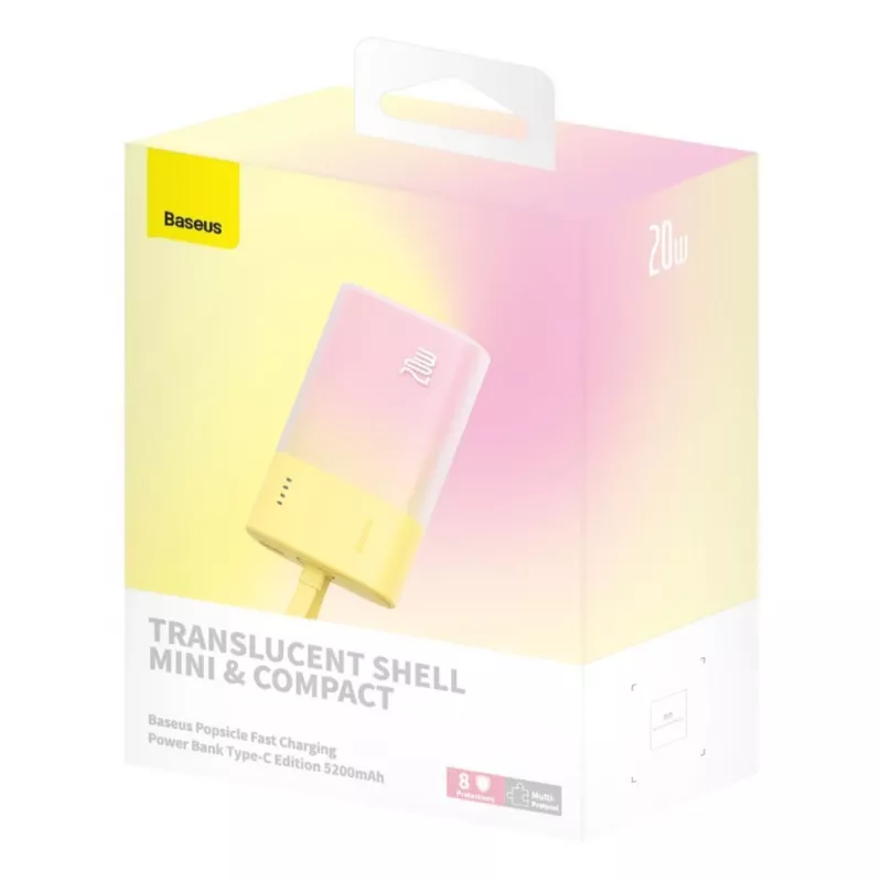 Baseus Popsicle 5200mAh 20W Power Bank ar iebūvētu Lightning kabeli un balts Baseus Simple USB-C uz USB-C 60W 30cm kabelis - Dzelteni-Rozā