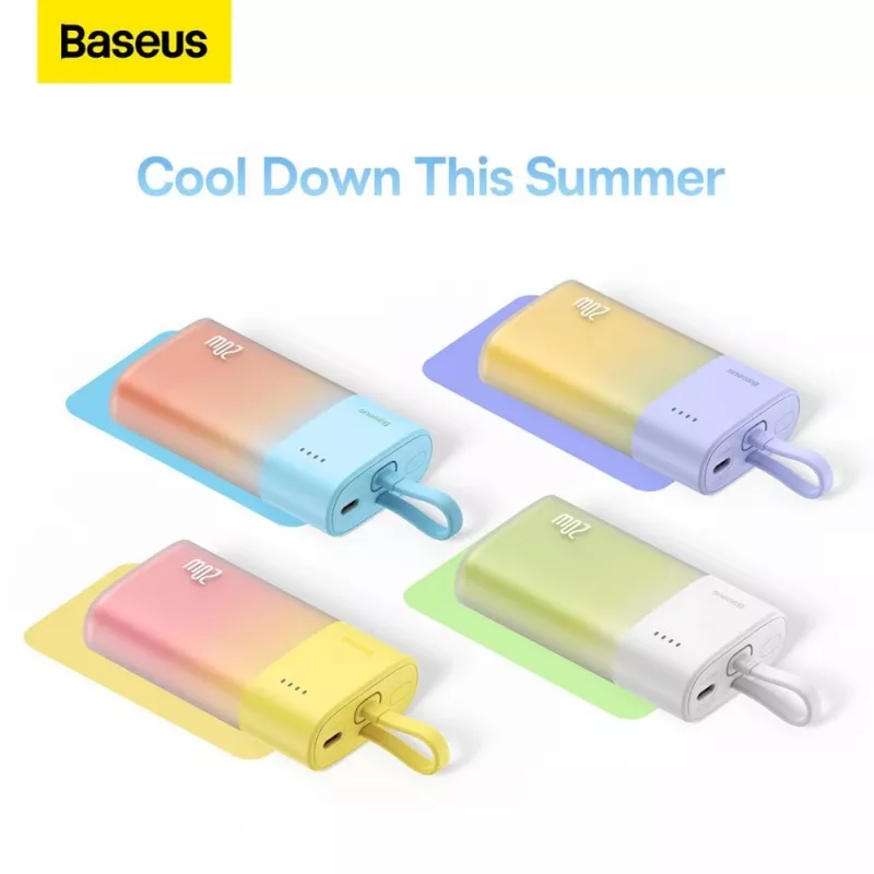Baseus Popsicle 5200mAh 20W Power Bank ar iebūvētu Lightning kabeli un baltu USB-C uz USB-C 60W 30cm kabeli - Zili-oranžs