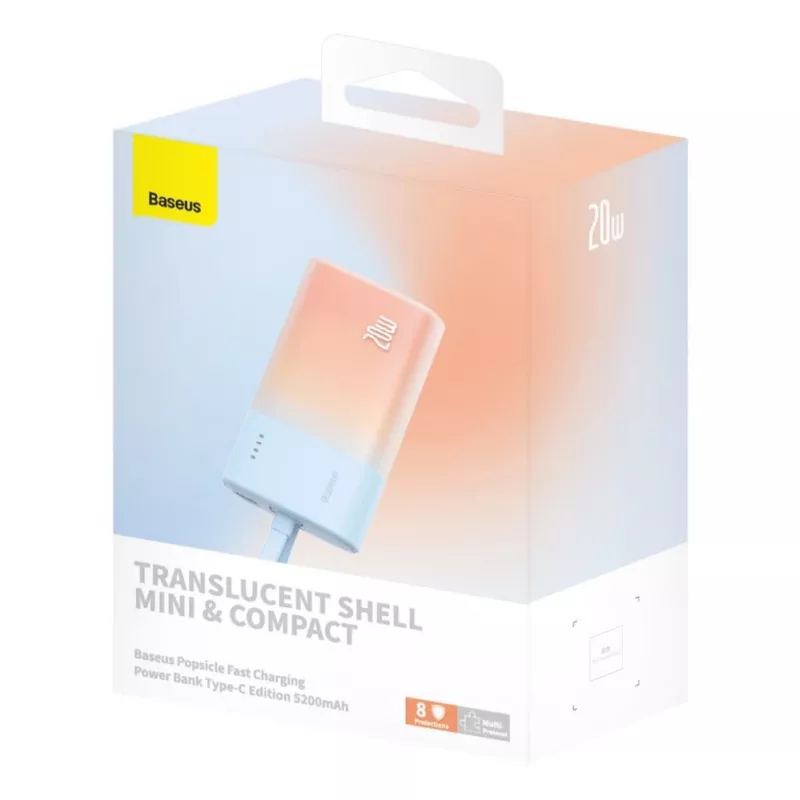 Baseus Popsicle 5200mAh 20W Power Bank ar iebūvētu Lightning kabeli un baltu USB-C uz USB-C 60W 30cm kabeli - Zili-oranžs