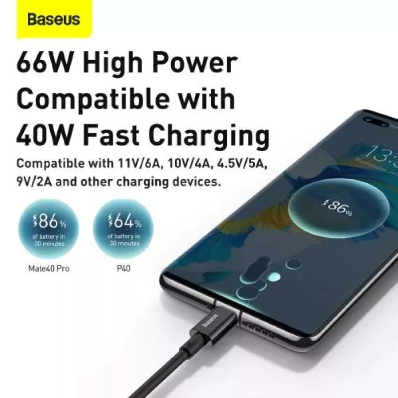 Baseus Superior Series USB-A uz USB-C ātrās uzlādes datu kabelis, 66W (11V/6A), 2m, Melns (CATYS-A01)